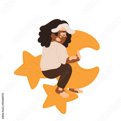 Child sleeping in bed. Calm kid asleep, lying and dreaming at night. Cute little girl with vitiligo, sweet children relaxing on pillows. Flat vector illustrations isolated on white background