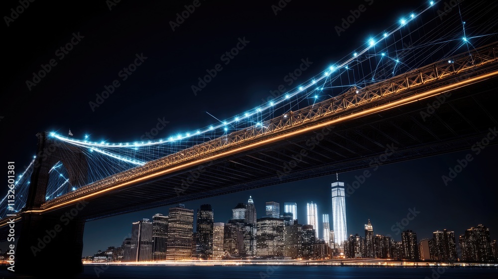 Fototapeta premium A digital representation of a world map showcases global network connections above skyline, featuring the Bridge at night