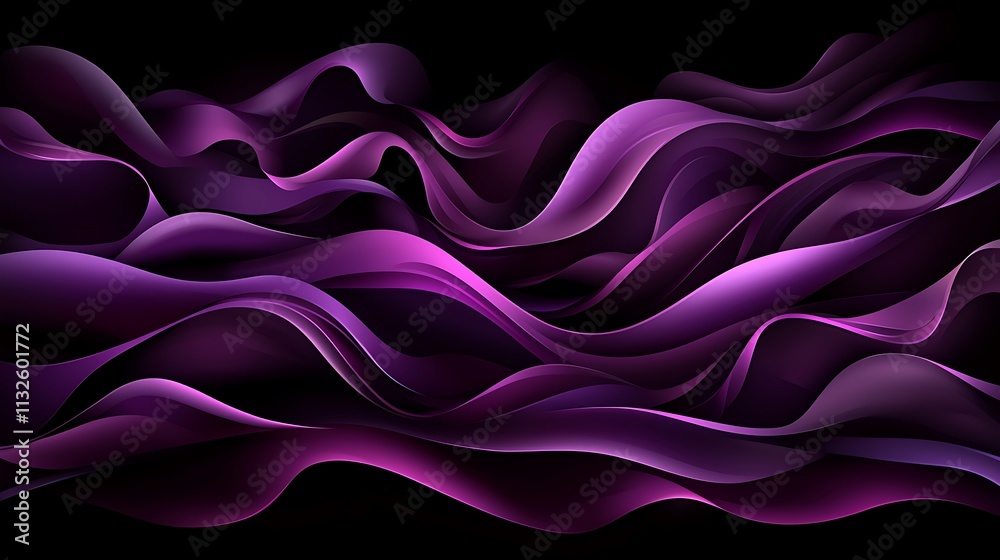 Fototapeta premium Abstract purple flowing waves on black background.
