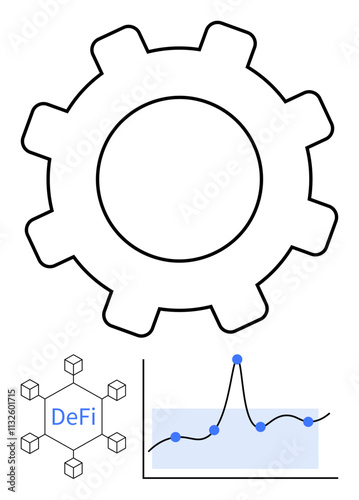 Gear symbol DeFi network growth chart with nodes. Ideal for innovation, technology, finance, analysis, blockchain, progress, connectivity. Line metaphor for upward trend and synergy