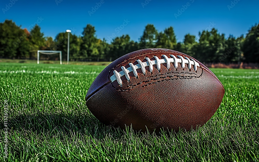 Obraz premium American football on a green field under a blue sky.