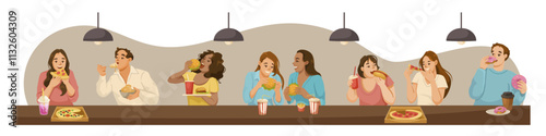 Diverse group enjoying burgers, pizza, donuts, and drinks at a restaurant counter, warm color palette, casual dining concept. Vector illustration