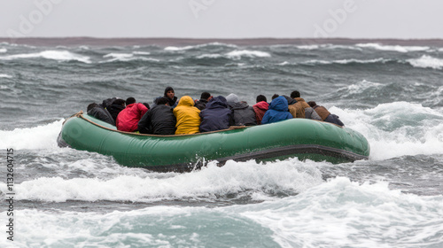 Group of illegal migrants or asylum seekers sailing stormy sea in plastic boat, escaping dangers of their homeland