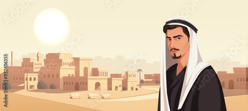Illustration of a man in traditional attire with a backdrop of a desert city under the sun, warm tones, and cultural concept. Vector illustration.