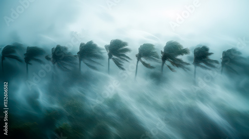 Torrential rain and extremely strong wind, palm trees waving during hurricane strike photo