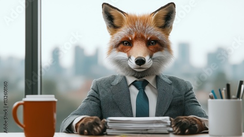 Fox wearing a suit sitting at a desk with paperwork and coffee.