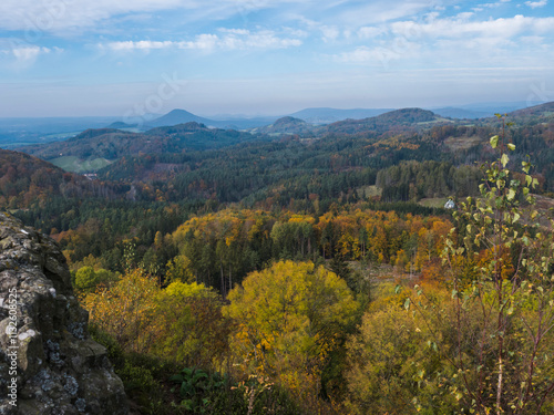 Wallpaper Mural Panoramic view from viewpoint Stredni vrch near Dolni Prysk, Ceska Kamenice. Autumn landscape with colorful forest, hills and blue cloudy sky in Luzicke hory Lusatian Mountains, Czech Republic. Torontodigital.ca