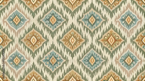 Seamless Ikat Pattern in Muted Greens, Taupes, and Golds A Repeatable Textile Design for Upholstery or Fabric photo