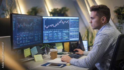 Financial analyst reviewing stock market data on multiple screens in office