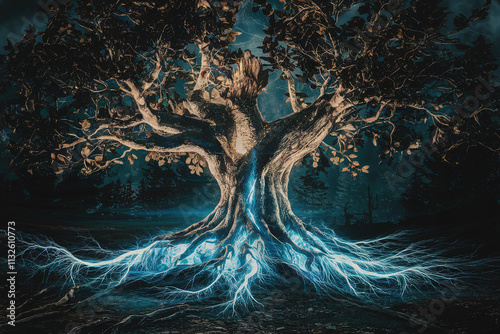 Ilustración de un gran árbol con las raíces iluminadas de azul. Generado con IA
