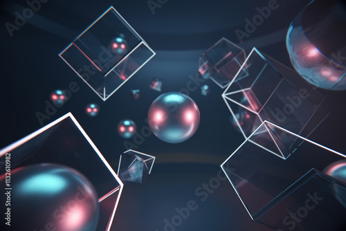 Ilustración de un fondo con formas geométricas y esferas doradas. Generado con IA