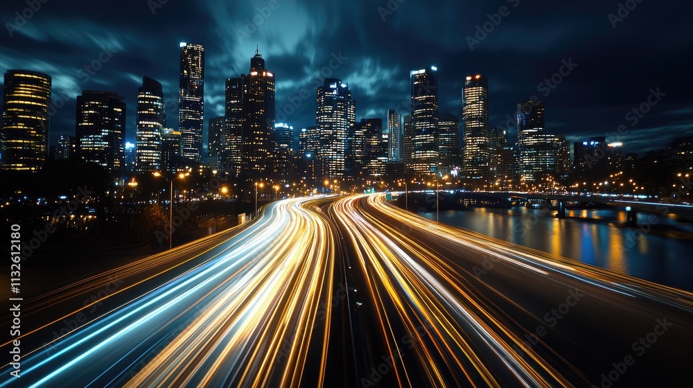 Obraz premium Bright trails of light from moving cars create a vibrant pattern against the backdrop of an illuminated urban skyline at night
