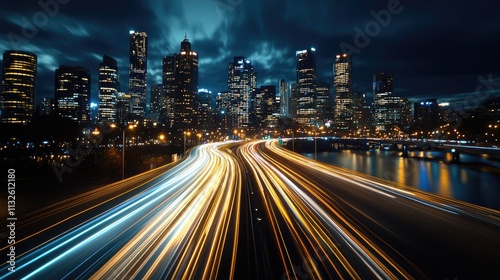 Bright trails of light from moving cars create a vibrant pattern against the backdrop of an illuminated urban skyline at night