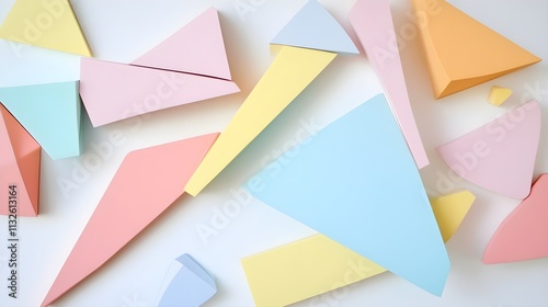 Geometric shapes with sharp edges in pastel colors, layered over a clean white background. photo