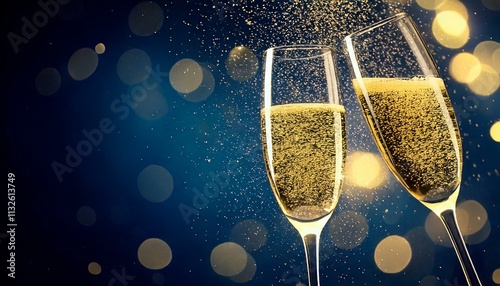 Two glasses of champagne and a bottle for a celebration