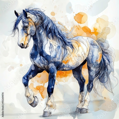 Majestic horse elegantly prancing with vibrant blue and orange watercolor splashes in a creative art piece photo