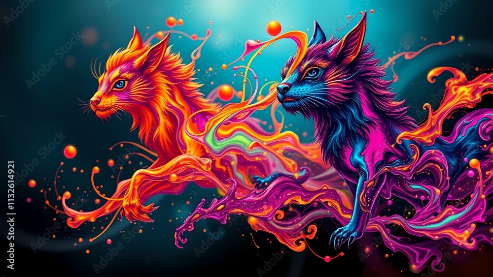 Obraz premium Colorful abstract animals with glowing particles, dynamic swirling ink patterns, flowing neon liquid, and a soft-focus surreal background atmosphere