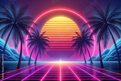 Illustration of a tropical background in neon light in retro style