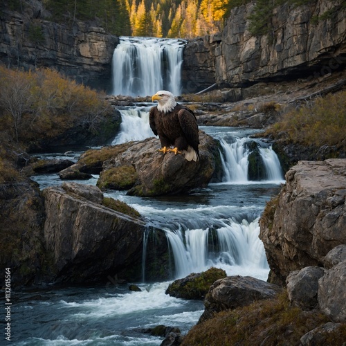 A bald eagle perched on a cliffside with a cascading waterfall nearby.