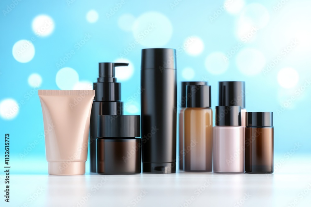 Various beauty product containers displayed against a soft blue bokeh background, featuring bottles, jars, and tubes in different shapes and sizes, perfect for skincare. Various beauty product containers displayed against a soft blue bokeh background, featuring bottles, jars, and tubes in different shapes and sizes, perfect for skincare.