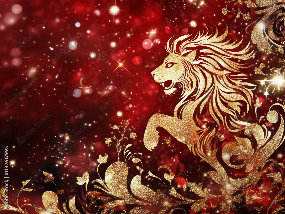 Fototapeta premium Golden lion silhouette with glittering mane on red sparkling background.