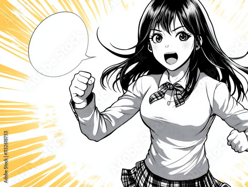 Excited schoolgirl in manga style with comic speech bubble and dynamic background.
