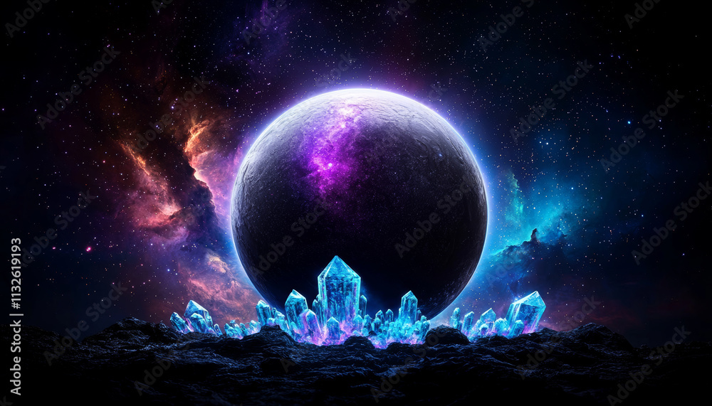 Obraz premium Planet cosmic imagery.glowing alien planet with crystal formations