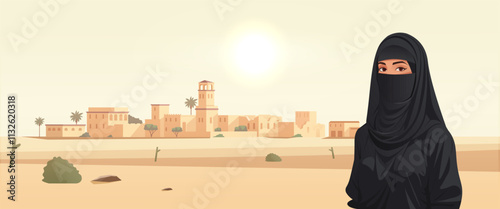 Woman in black niqab in front of a desert town with palm trees, soft hues, and sunlight, expressing a traditional cultural concept. Vector illustration.