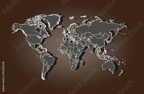 World map with a brown background. The continents are outlined in white, with a dark gray fill. The map shows all the major continents, including North America, South America, Euro