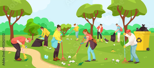 Group of people cleaning up garbage in a park with tools, trees, and a recycling bin in the background. Environmental cleanup concept. Vector illustration.