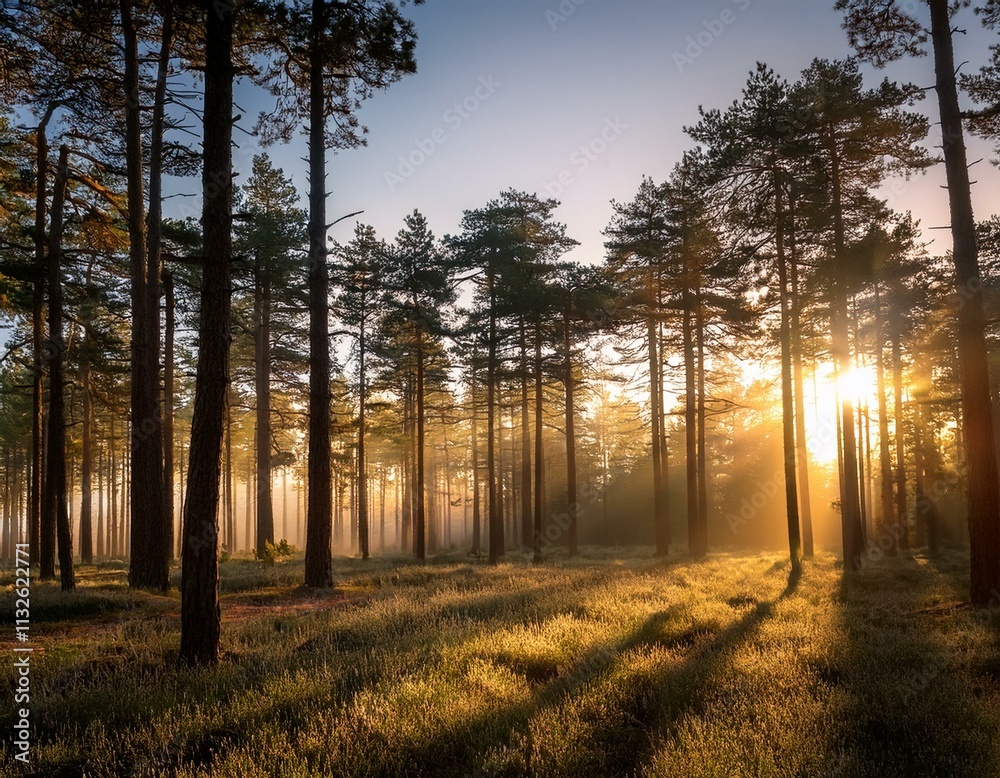 Fototapeta premium pine forest white sunrise