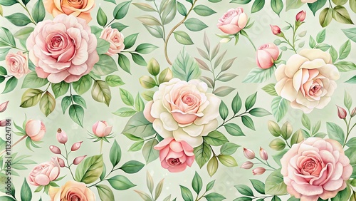 Elegant Pastel Roses and Lush Greenery Seamless Pattern
