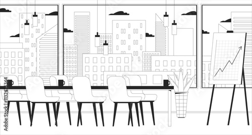 Empty boardroom corporate chart board black and white line illustration. Business room with financial growth whiteboard desk 2D interior monochrome backdrop. Meeting space. Company outline vector
