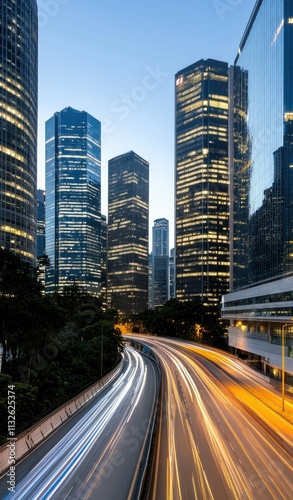 View from a highway overpass shows a lively city skyline illuminated by blue lights at night, with dynamic motion blur effects enhancing the scene.