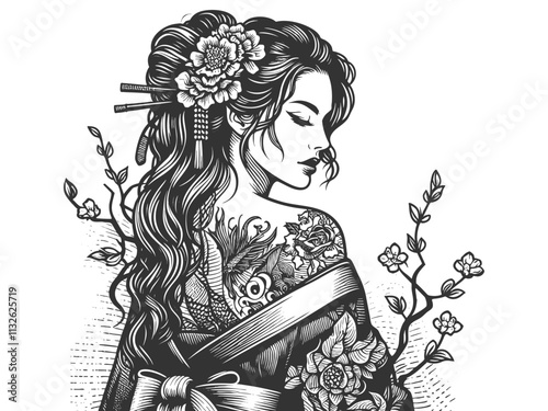 geisha in traditional kimono, surrounded by detailed blooming flowers and foliage sketch engraving generative ai fictional character vector illustration. Scratch board imitation. Black and white image