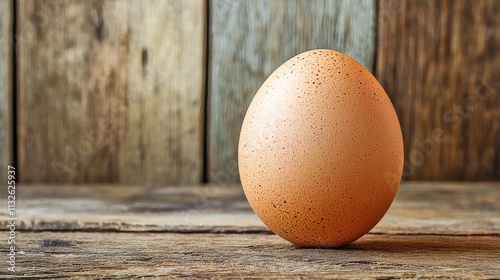 Single Brown Egg on Rustic Wooden Surface with Soft Reflection
