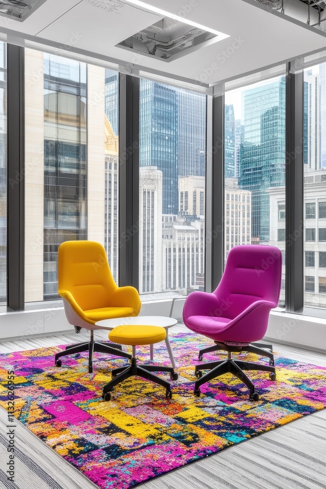 Fototapeta premium Modern office chairs and colorful rug near city view