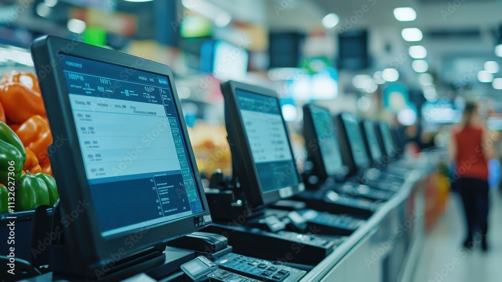 Fototapeta premium Supermarket POS Systems Checkout Terminals Retail Technology Grocery Store
