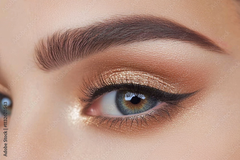 Fototapeta premium Warm Gaze Showcasing Subtle Golden Eyeshadow and Elegant Makeup