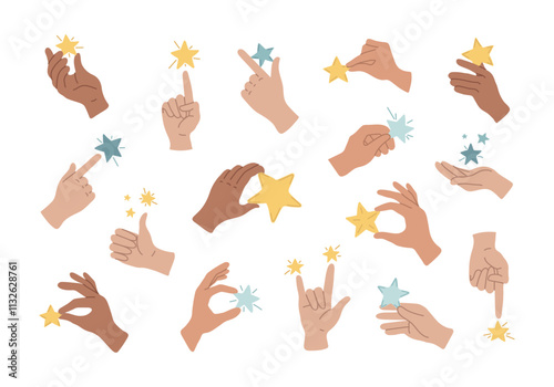 Hands of representatives of different nationalities hold yellow and blue stars. Rating symbol, positive assessment. Feedback, customer choice. Winner's prize. I like sign. Isolated vector illustration