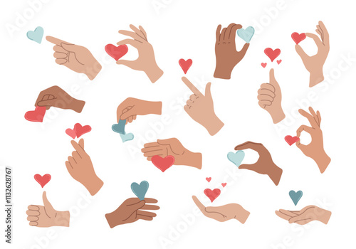 Hands of different nationalities hold red and blue hearts. Symbol of love, life, charity, care, help and solidarity. Support and volunteer icon. Like sign. Isolated vector illustration
