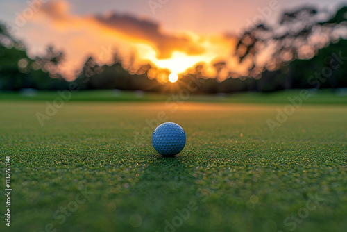 Generative AI Image of Golf Ball and Club on Green Field for Game Play photo