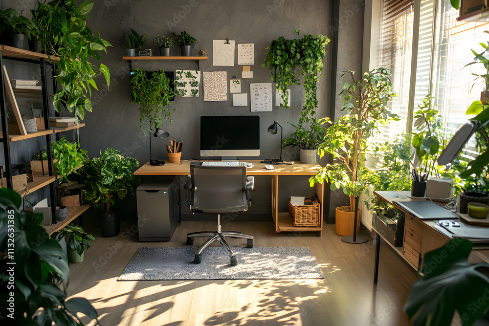Fototapeta premium Modern Home Office Workspace Surrounded by Indoor Plants and Natural Light