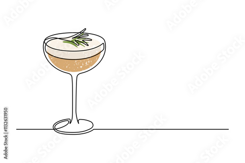 Сontinuous one line drawing of cocktail elderflower rosemary isolated on white background. Cocktail drink thin line. Vector illustration