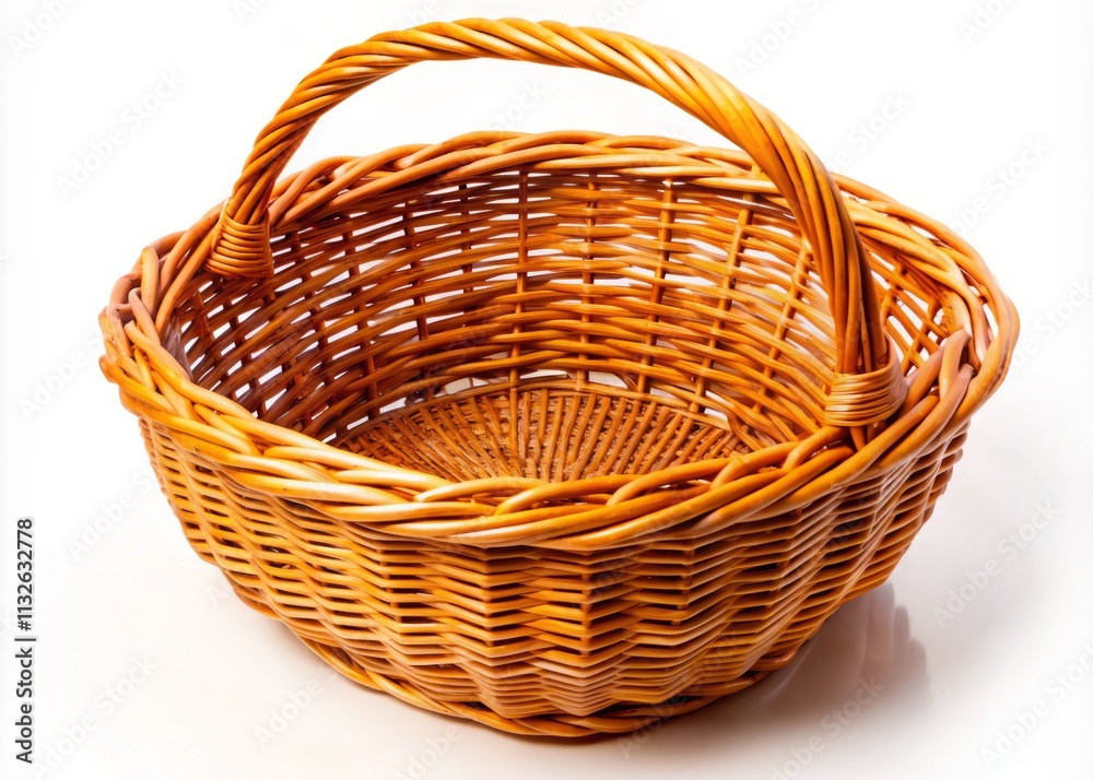 Obraz premium Empty Wicker Basket, Aerial View, White Background, Drone Photography, Rustic, Handmade, Texture, Craft, Home Decor, Spring, Summer