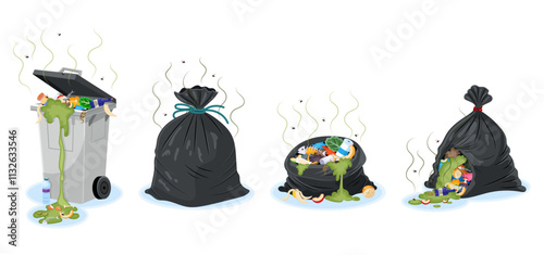 Trash bin and garbage bags filled with rotting waste, emitting odors and attracting flies, on a white background. Waste concept. Vector illustration.