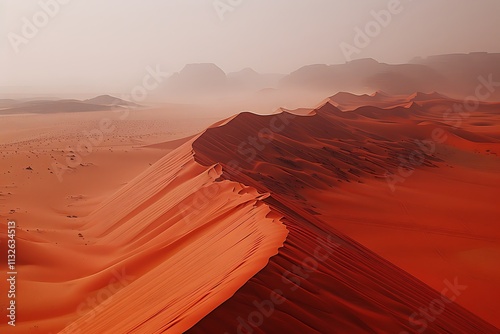 Vast Martianlike Desert Landscape Red Sand Dunes, Rocks, and Haze photo