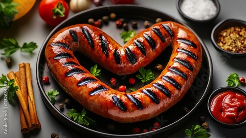 Long sausage is grilled and shaped into a heart. The plate is set on a table with a variety of condiments, including ketchup and pepper photo