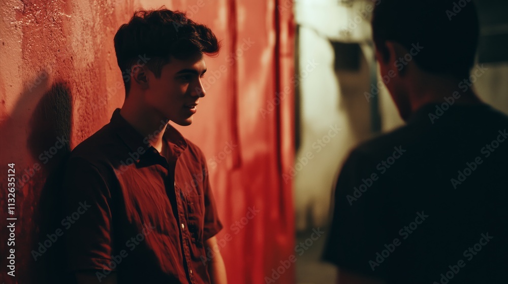 Naklejka premium Man in a red shirt is standing next to a wall
