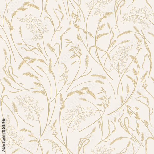 Seamless floral pattern with ears of corn. Vector. Background with cereals and herbs. Golden plants.